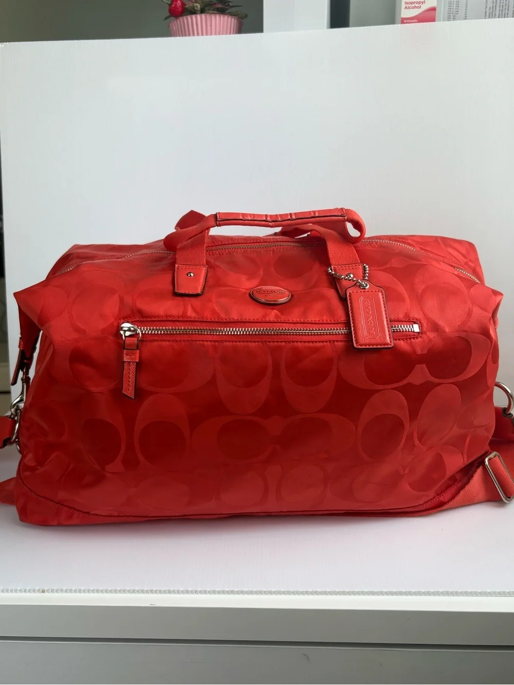 Coach Signature Hot Orange Nylon Travel Weekender Duffle Bag